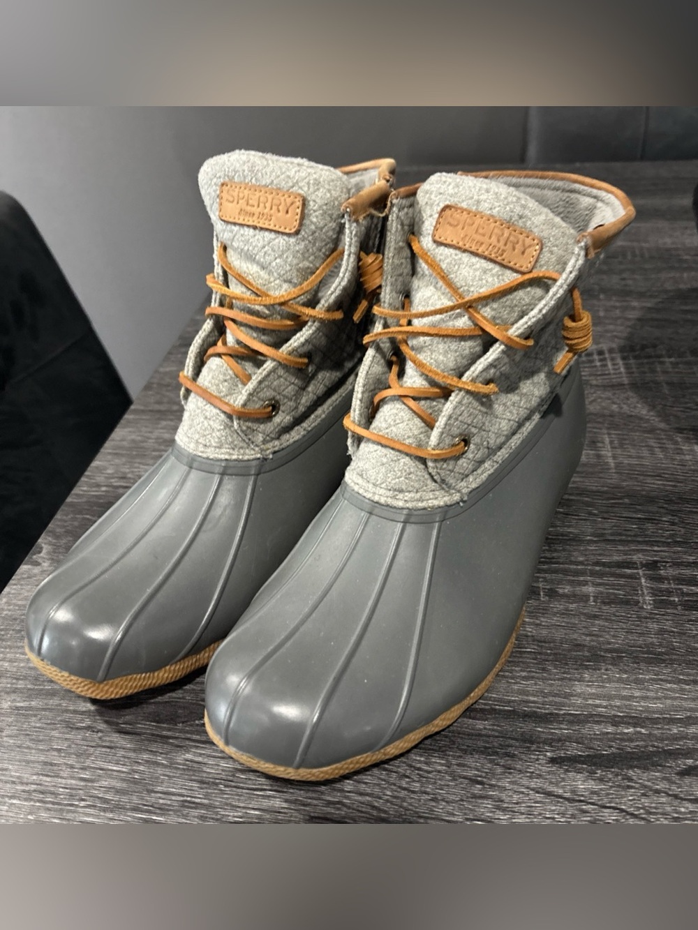 Sperry Gray and Tan Quilted Duck Boots